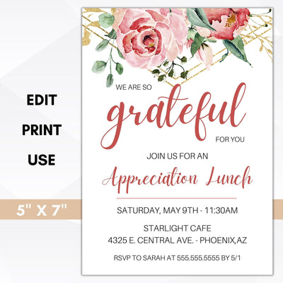 floral appreciation luncheon invitation peony rose gold geometric lunch brunch dinner invite