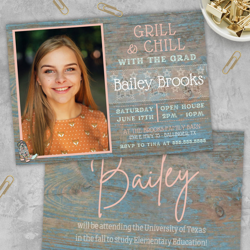 turquoise and barn wood patina photo graduation party invitation with grill and chill theme decorated with lace, country western boots and script typography