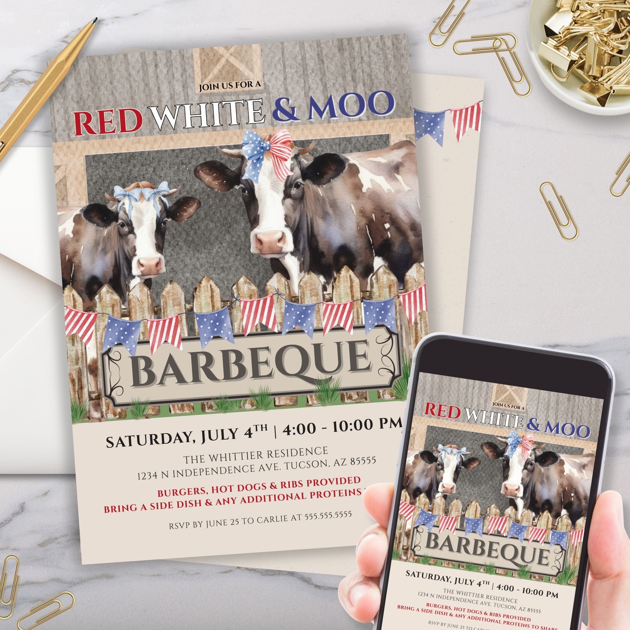 funny rustic red white and blue texas bbq party invitation with cows and barn theme