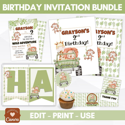 editable safari themed birthday invitation party decoration bundle