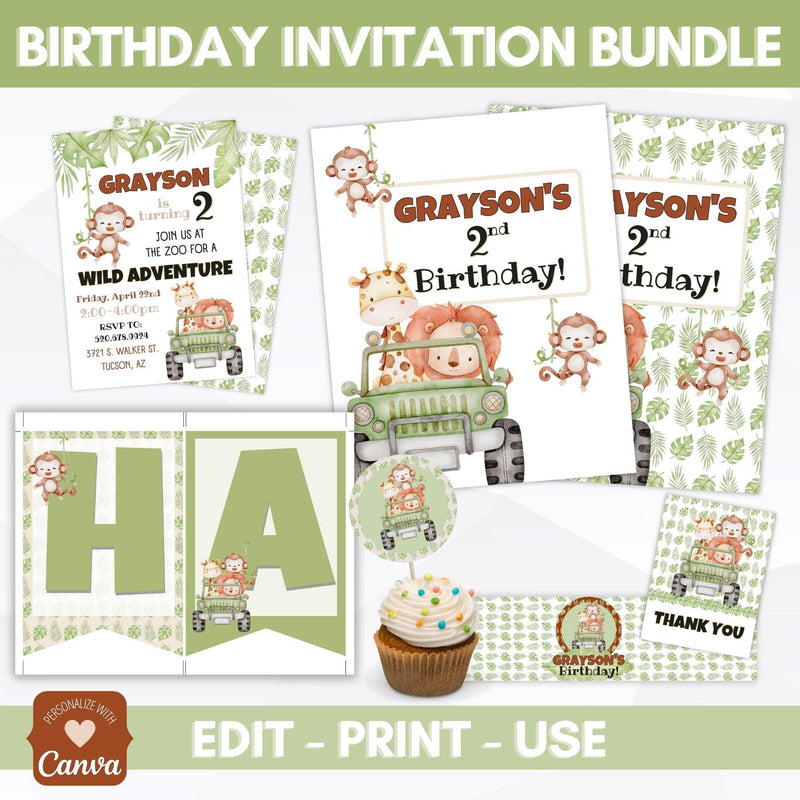 editable safari themed birthday invitation party decoration bundle