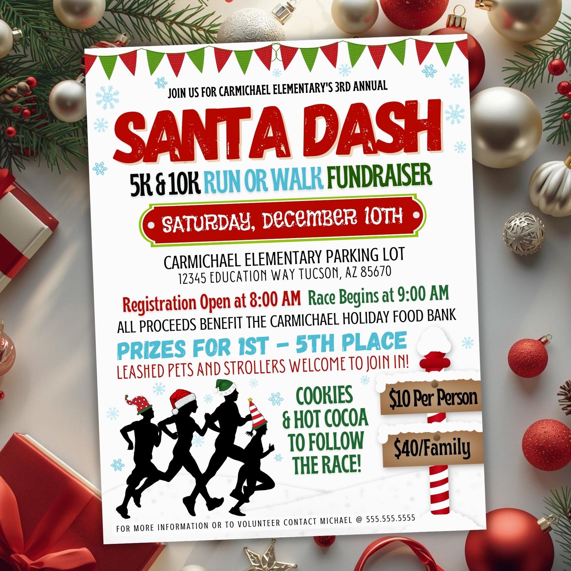 christmas fundraiser flyer template featuring santa dash theme