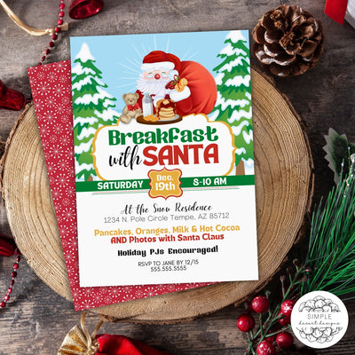 cute breakfast with santa invitation at festive holiday table