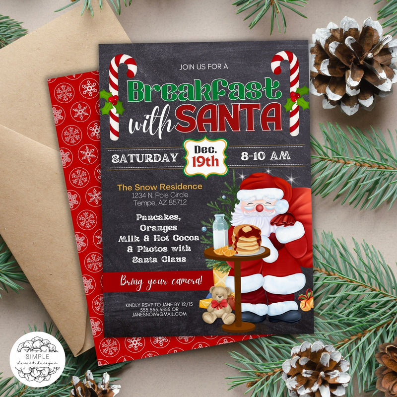 cute santa breakfast invitation on table decorated with pine and pine cones