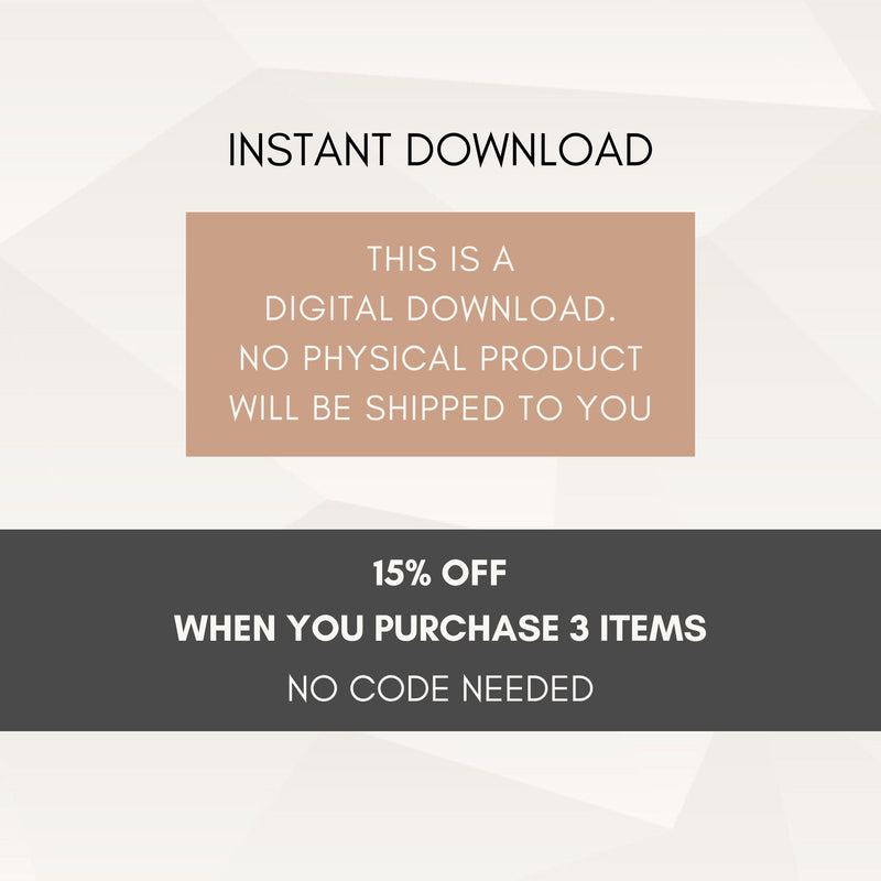 Promotional text about digital download, no physical product shipped, and a discount offer on a light gray background.