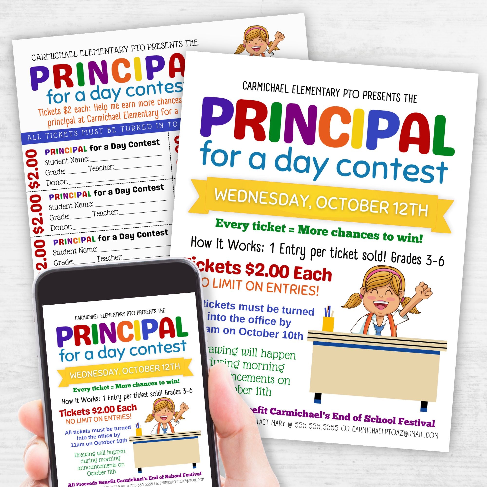 Promotional flyer for 'Principal for a Day Contest' with ticket pricing and event details.