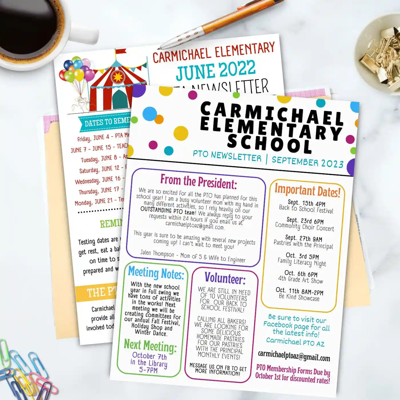 Carmichael Elementary School newsletters on a white surface with stationery items representing a collection of editable newsletter templates created by Simple Desert Designs.