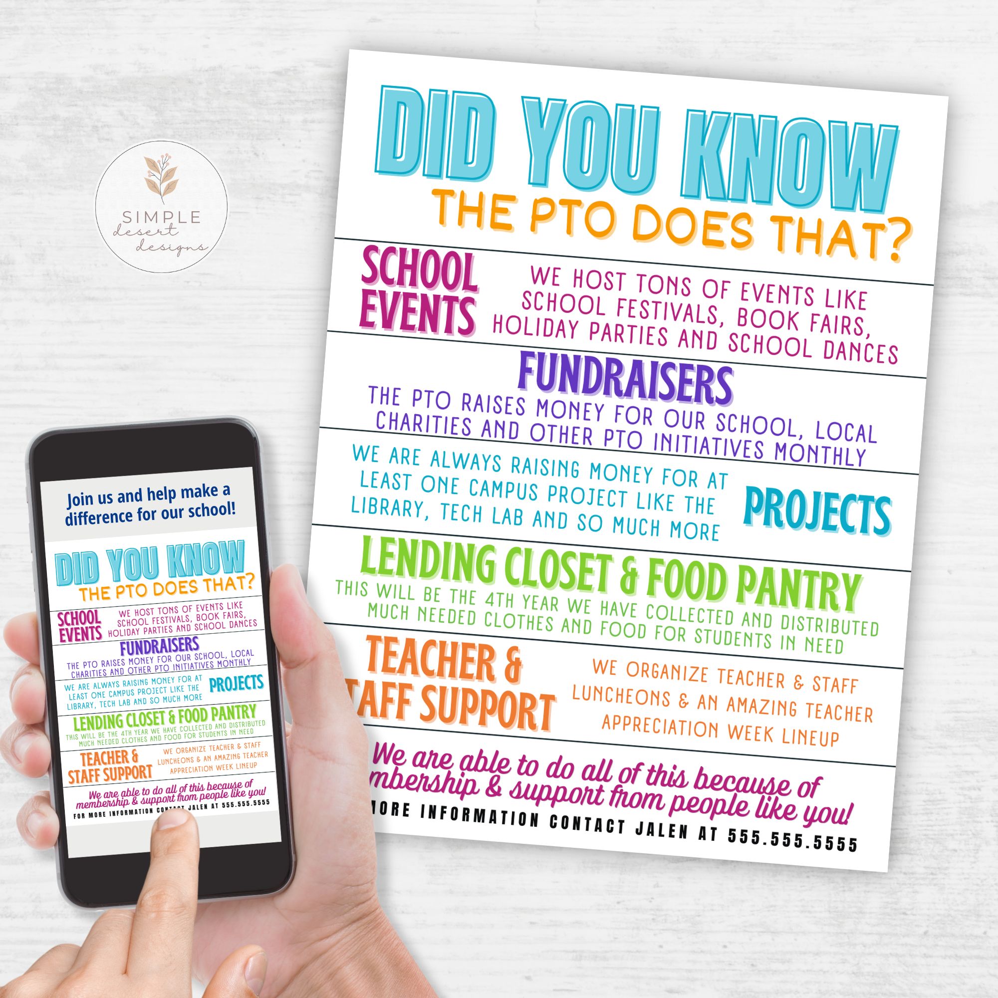 Hand holding a smartphone with a colorful flyer about PTO activities on a light gray background.