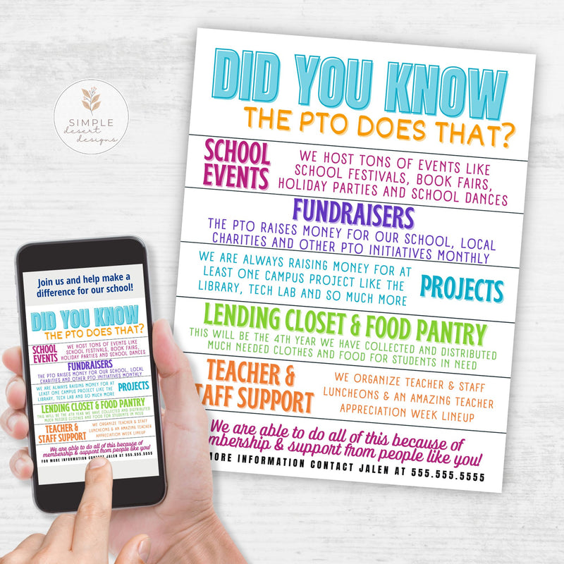 Hand holding a smartphone with a colorful flyer about PTO activities on a light gray background.