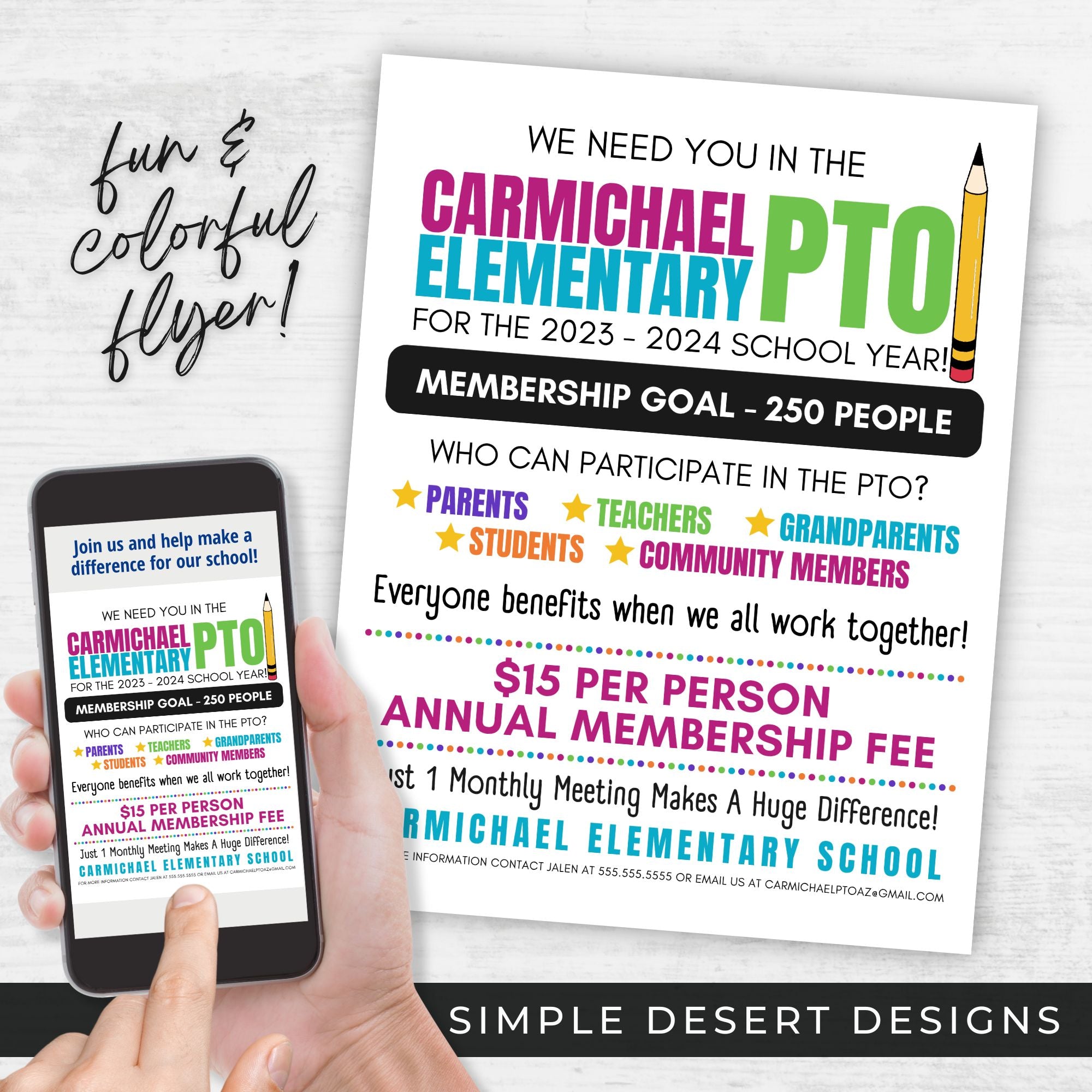 Carmichael Elementary PTO flyer held by a hand with a phone displaying the same flyer.