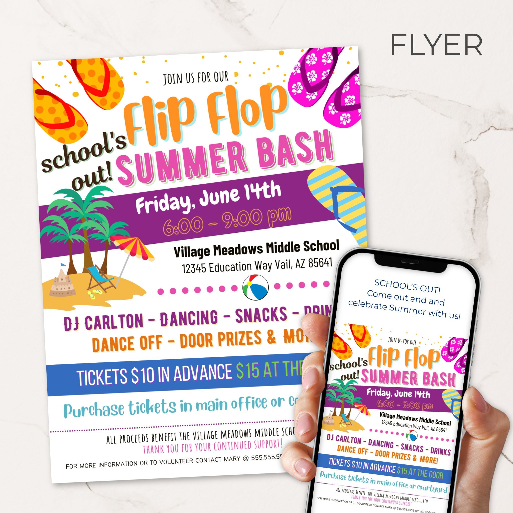 Flip Flop Summer Bash editable event flyer with event details on a white background. Customize all event details for a free or fundraiser for end of the school year.
