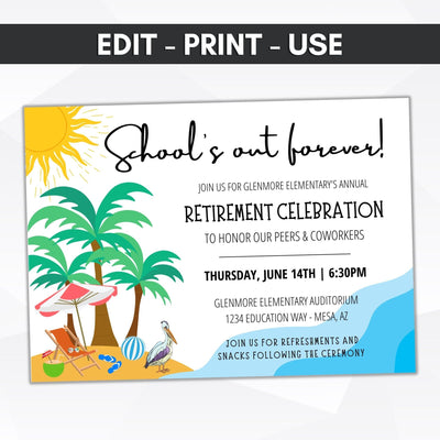 school's out forever class is dismissed teacher principal education retirement celebration party invitation editable template