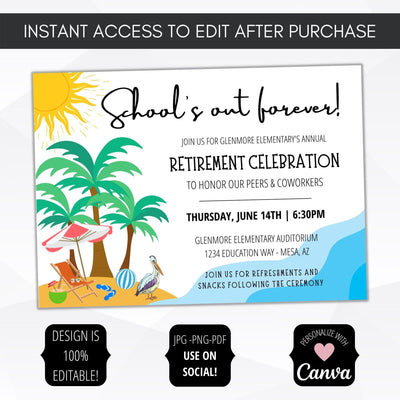 surprise retirement party invitation beach tropical themed education nurse doctor principal work district school party