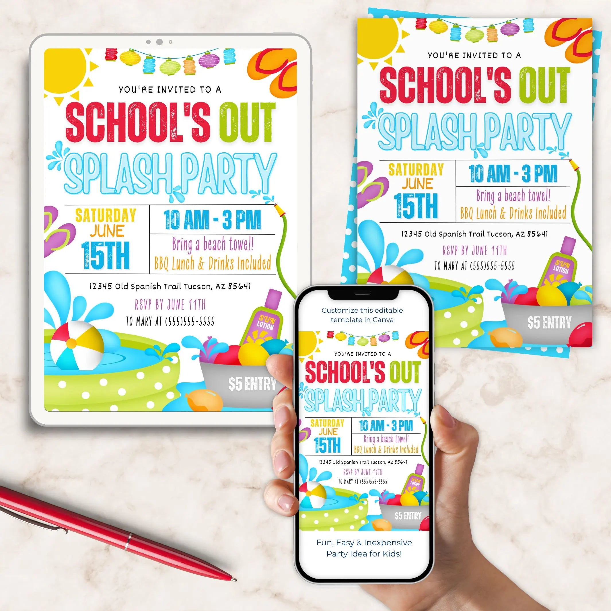 Colorful 'School's Out Splash Party' invitations on a light background with a phone displaying the invitation.