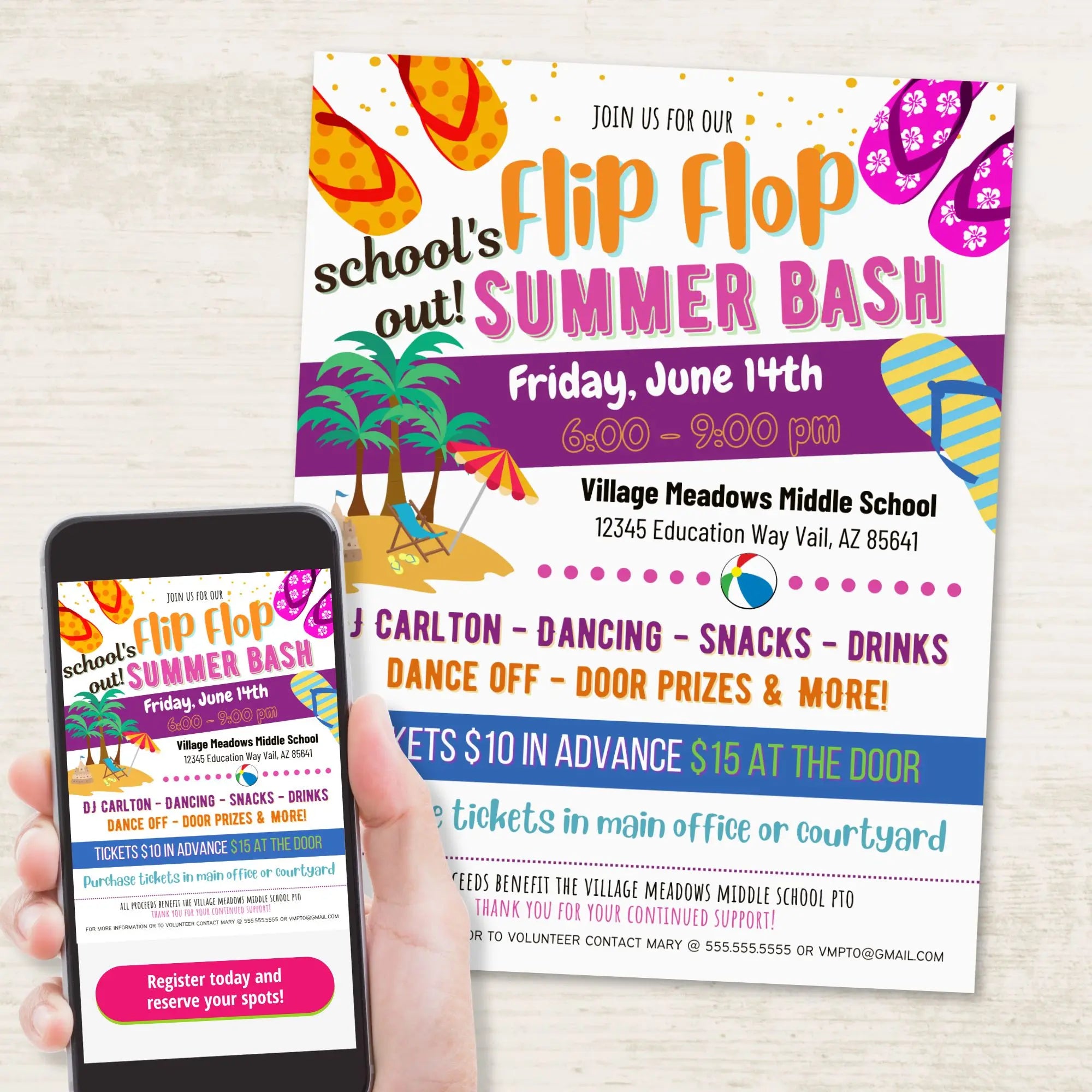 Invitation to a 'Flip Flop Summer Bash' with details on a phone and paper with editable text for end of school year fundraiser events.