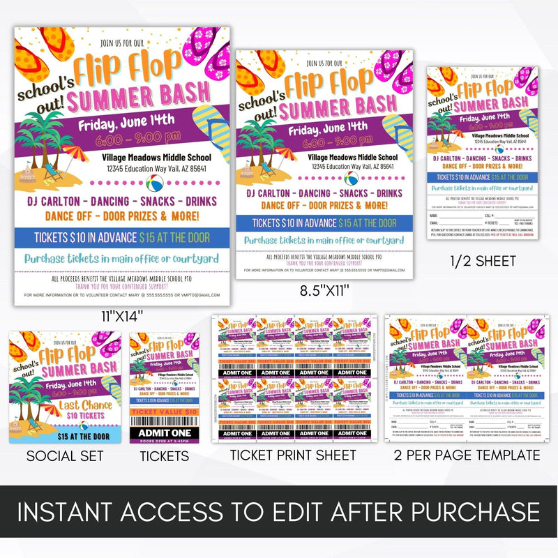 tropical beach theme dance invitation flyer ticket social media bundle