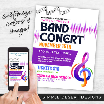 customizable school band flyers for neon 80s 90s throwback musical