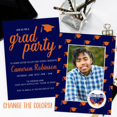 personalized school colors on graduation invitation template with senior photo and logo or mascot space
