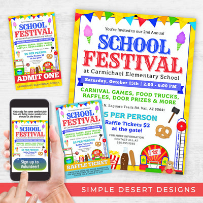 school festival flyer invitation with raffle tickets and entry ticket template