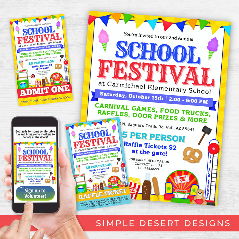 school festival flyer invitation with raffle tickets and entry ticket template