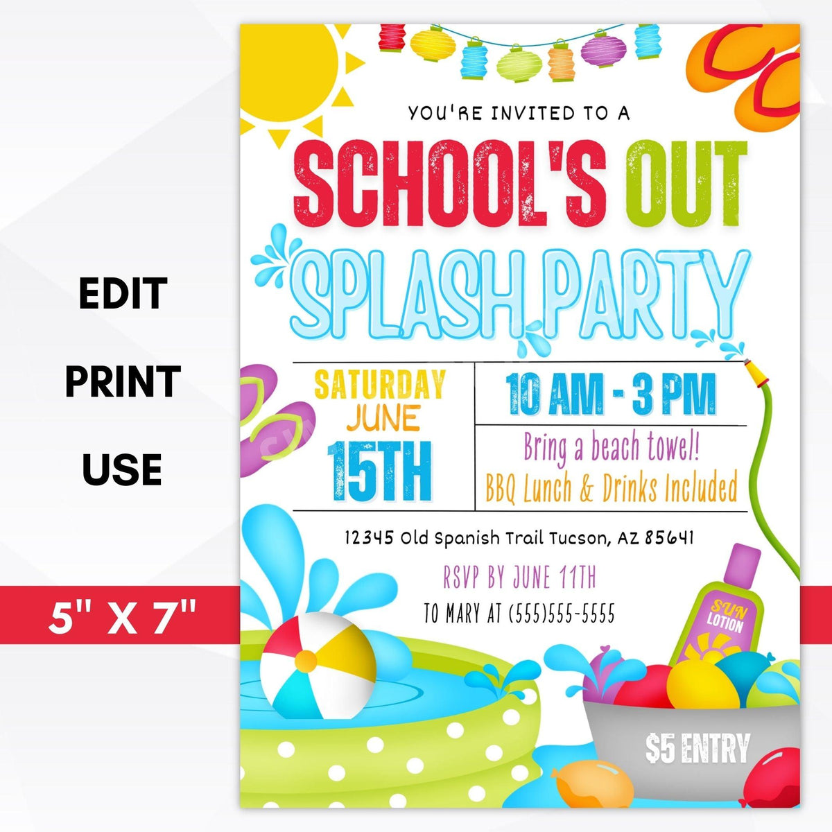 Editable Schools Out Splash Party Invitation - Simple Desert Designs