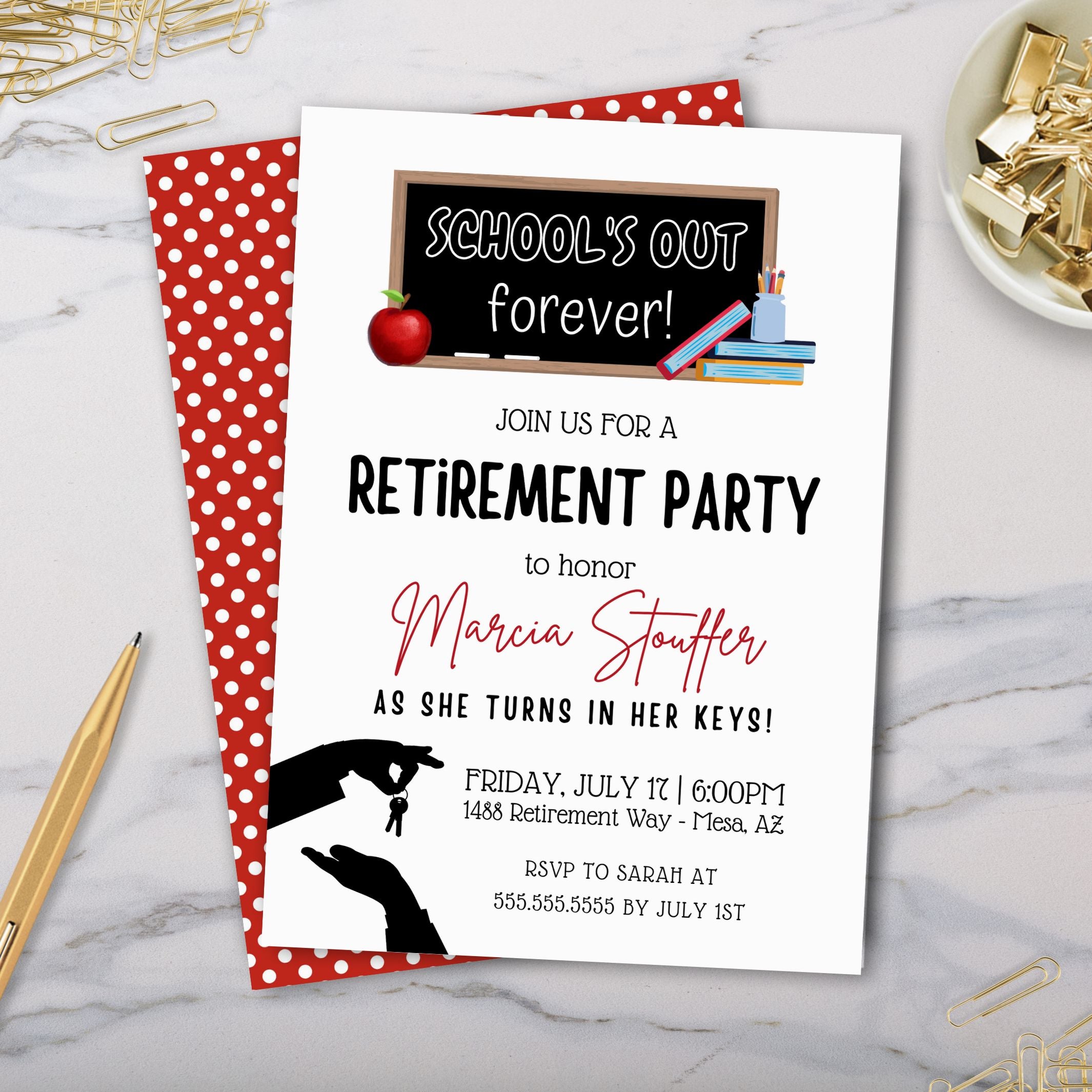 Retirement party invitation with red polka dot border on a marble surface