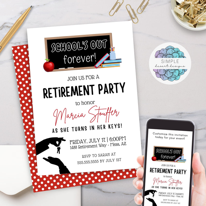 personalized retirement party invitation for any teacher educator becuase school&