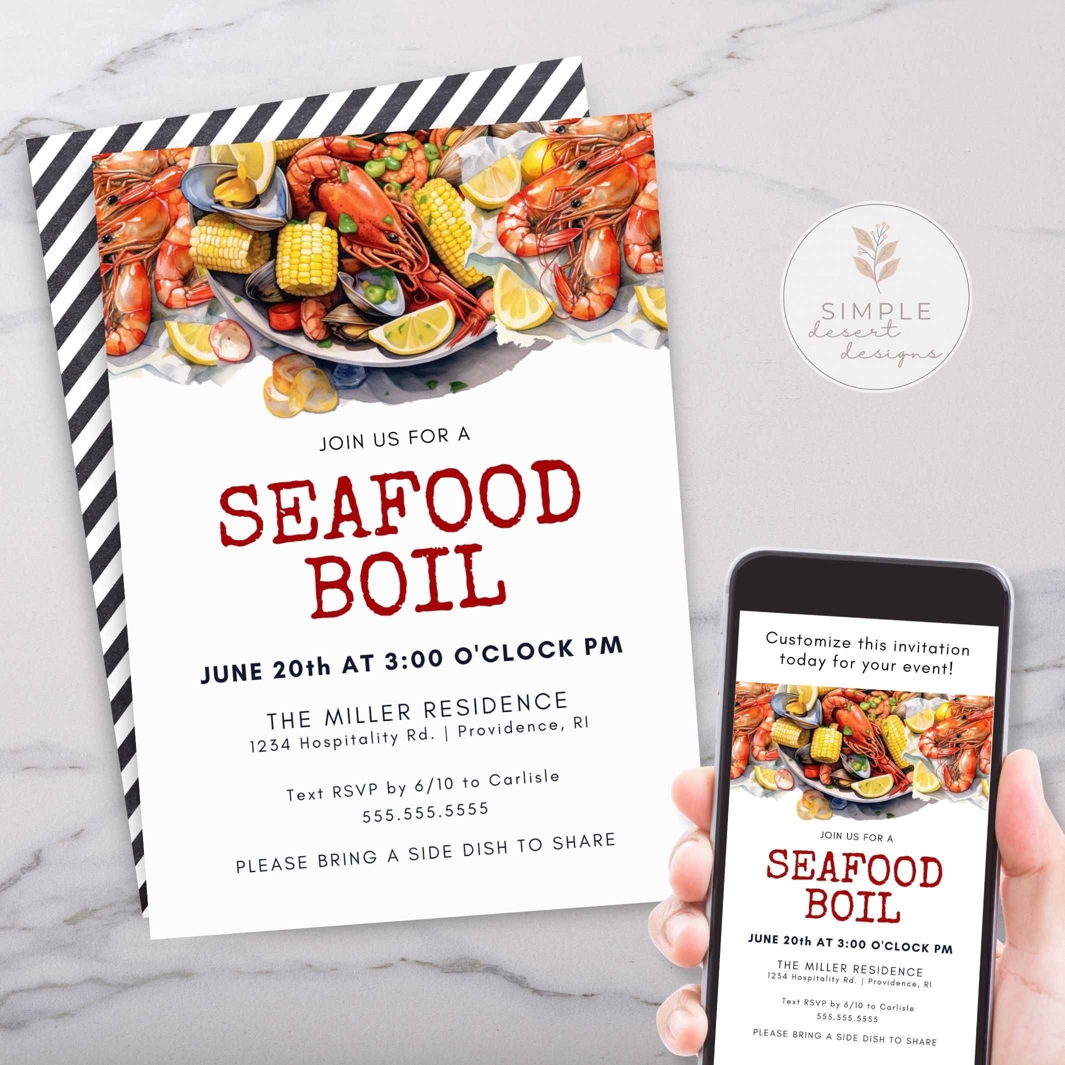 Modern seafood boil invitation printed on white marble surface and on cell phone with shrimp  and lobster with clams, mussels, corn, lemons and a plate