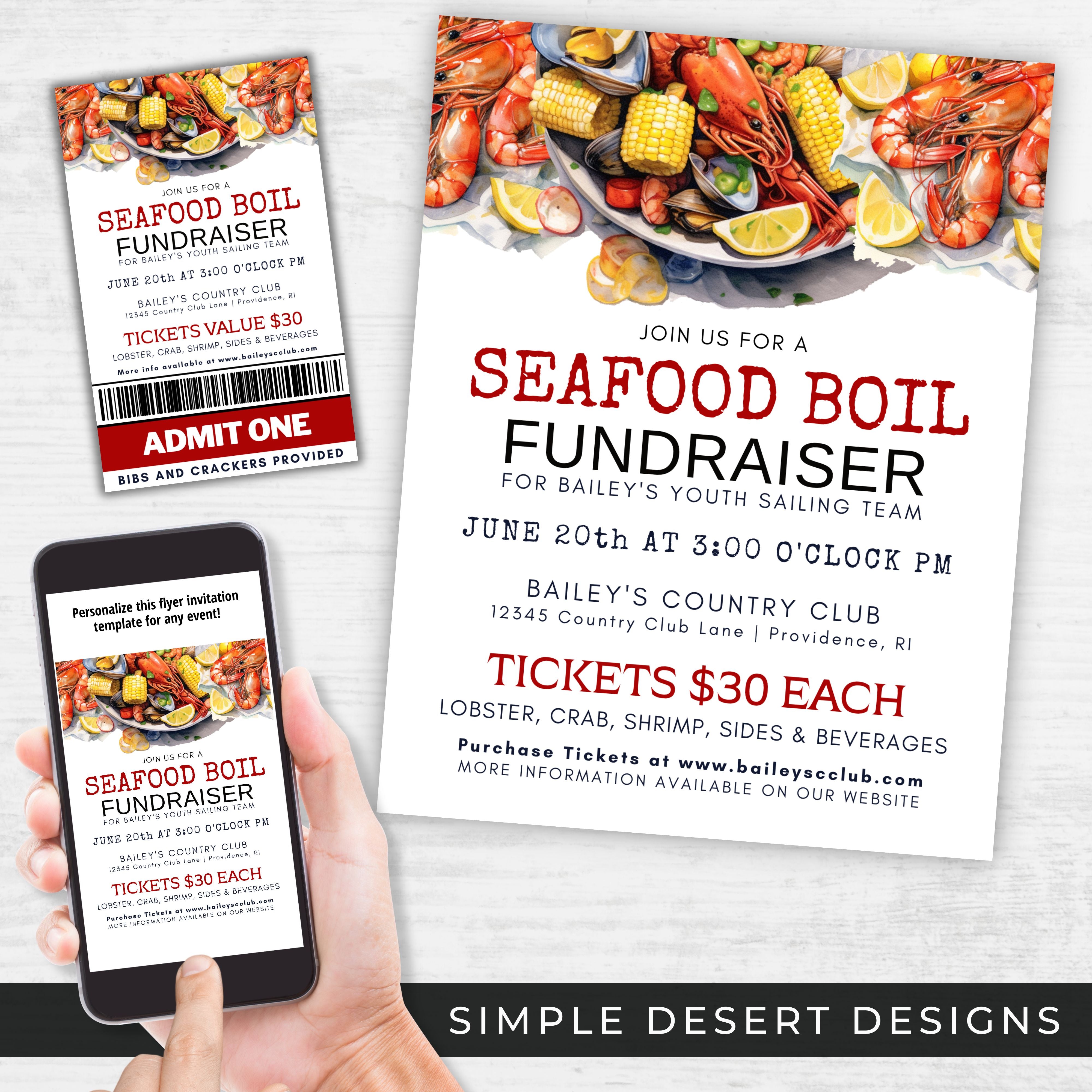 customizable seafood dinner fundraiser invitation and ticket template bundle