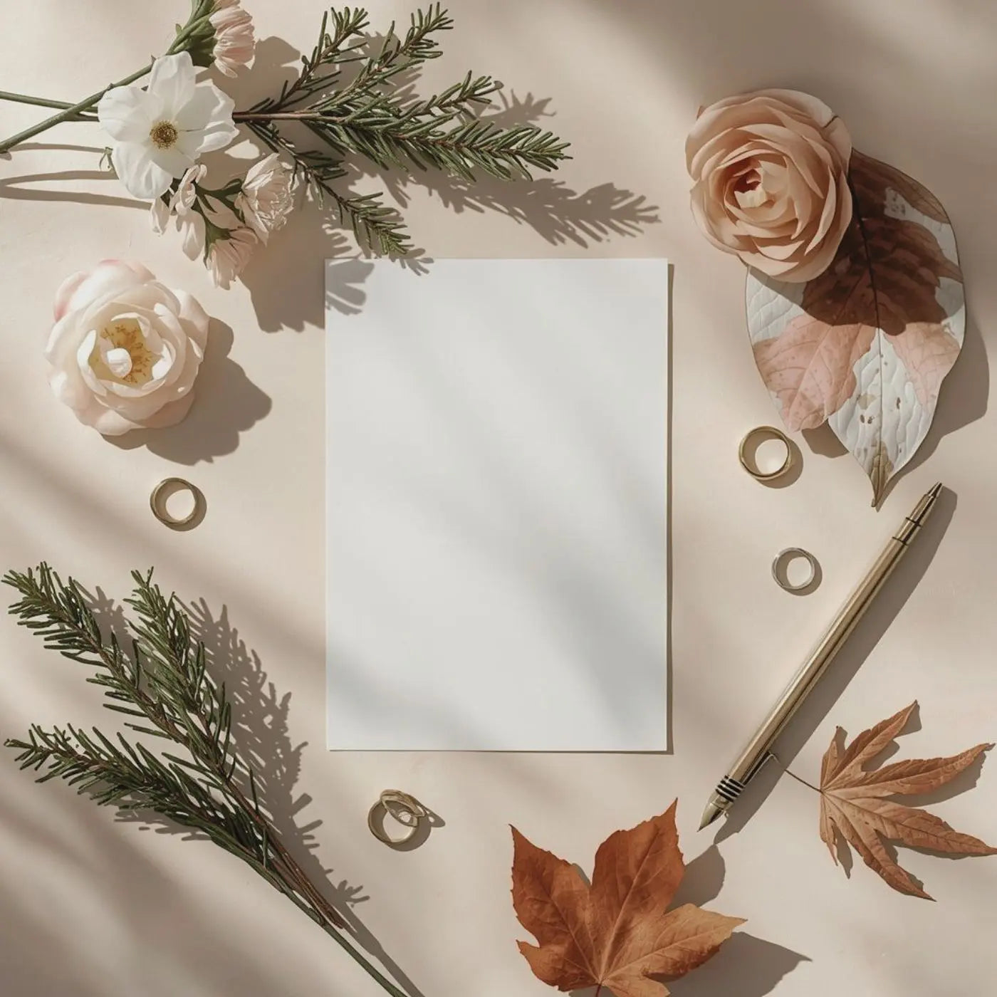 Blank cards with flowers and leaves from all four seasons, and a pen on a beige background representing editable holiday and seasonal invitation templates by Simple Desert Designs.