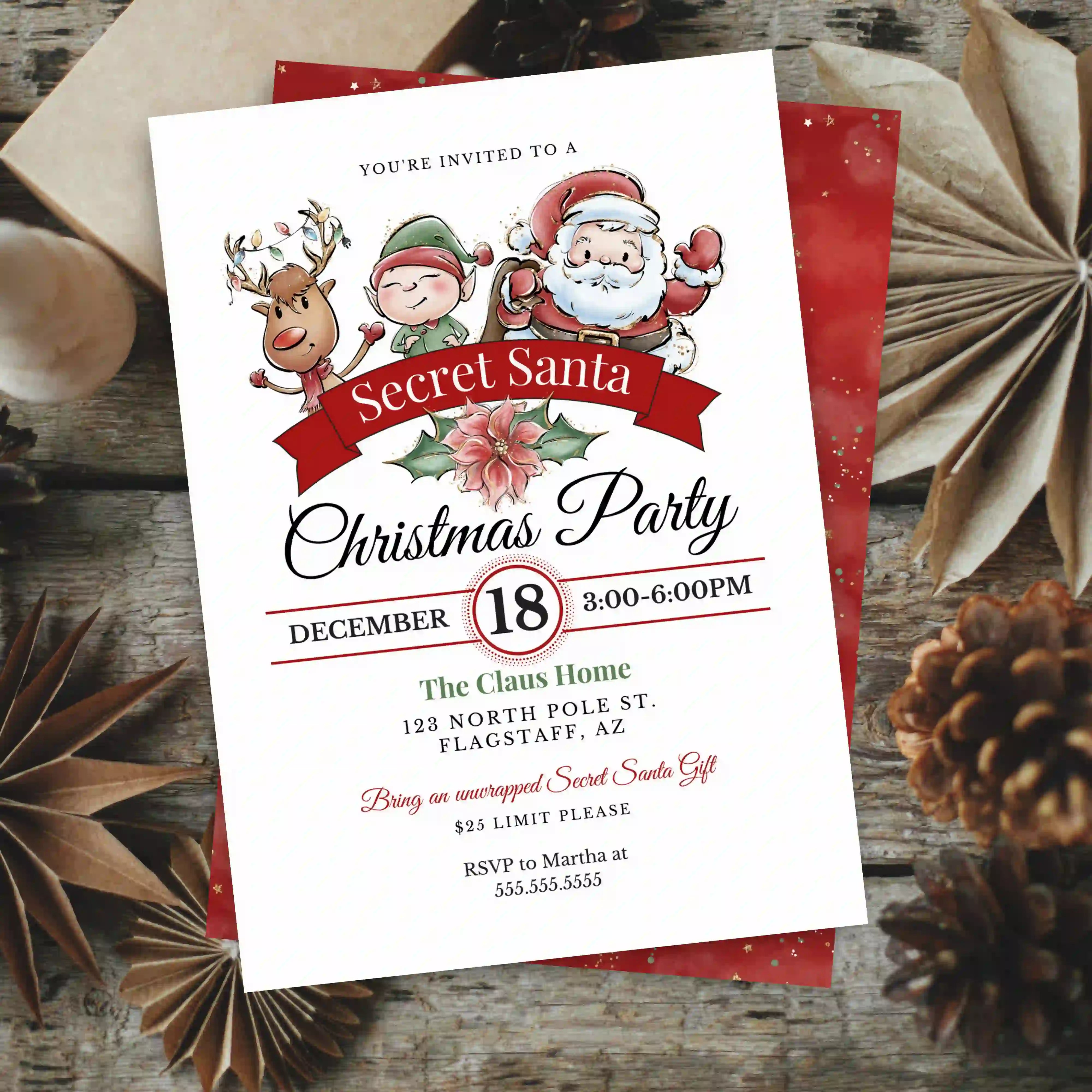 Secret Santa Christmas Party invitation with Santa and elves on a wooden background representing a collection of holiday invitation templates for gift giving celebrations, Christmas parties, and seasonal gift exchange events created by Simple Desert Designs.