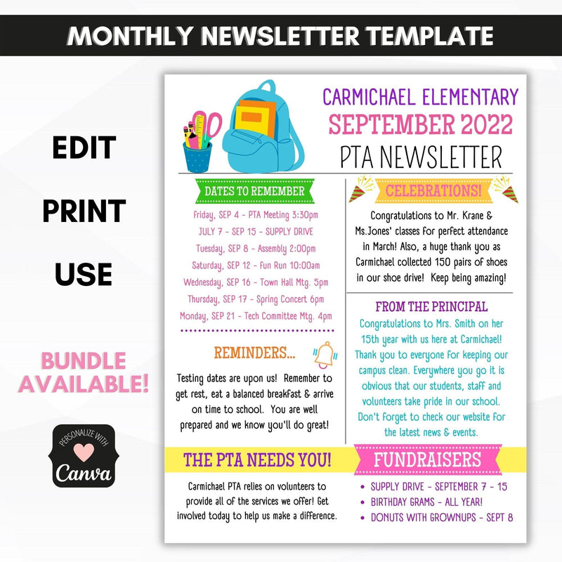 school pto pta SEPTEMBER newsletter template