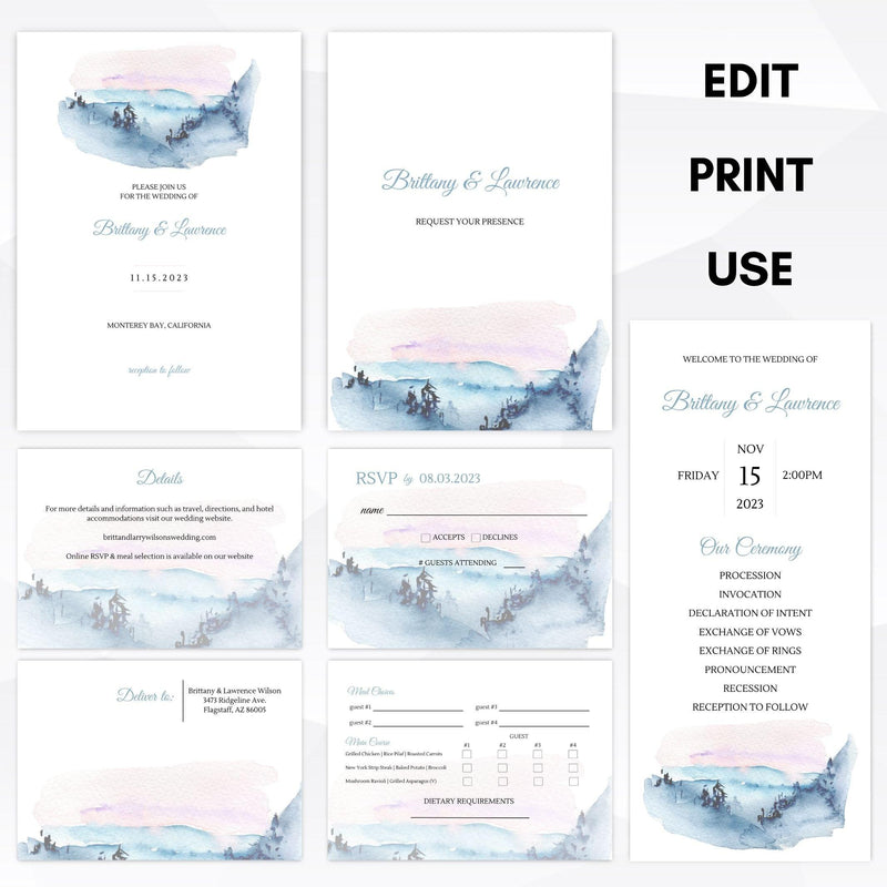 serene mountains wedding invitation suite