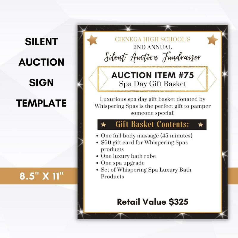 Black and gold silent auction fundraiser display sign