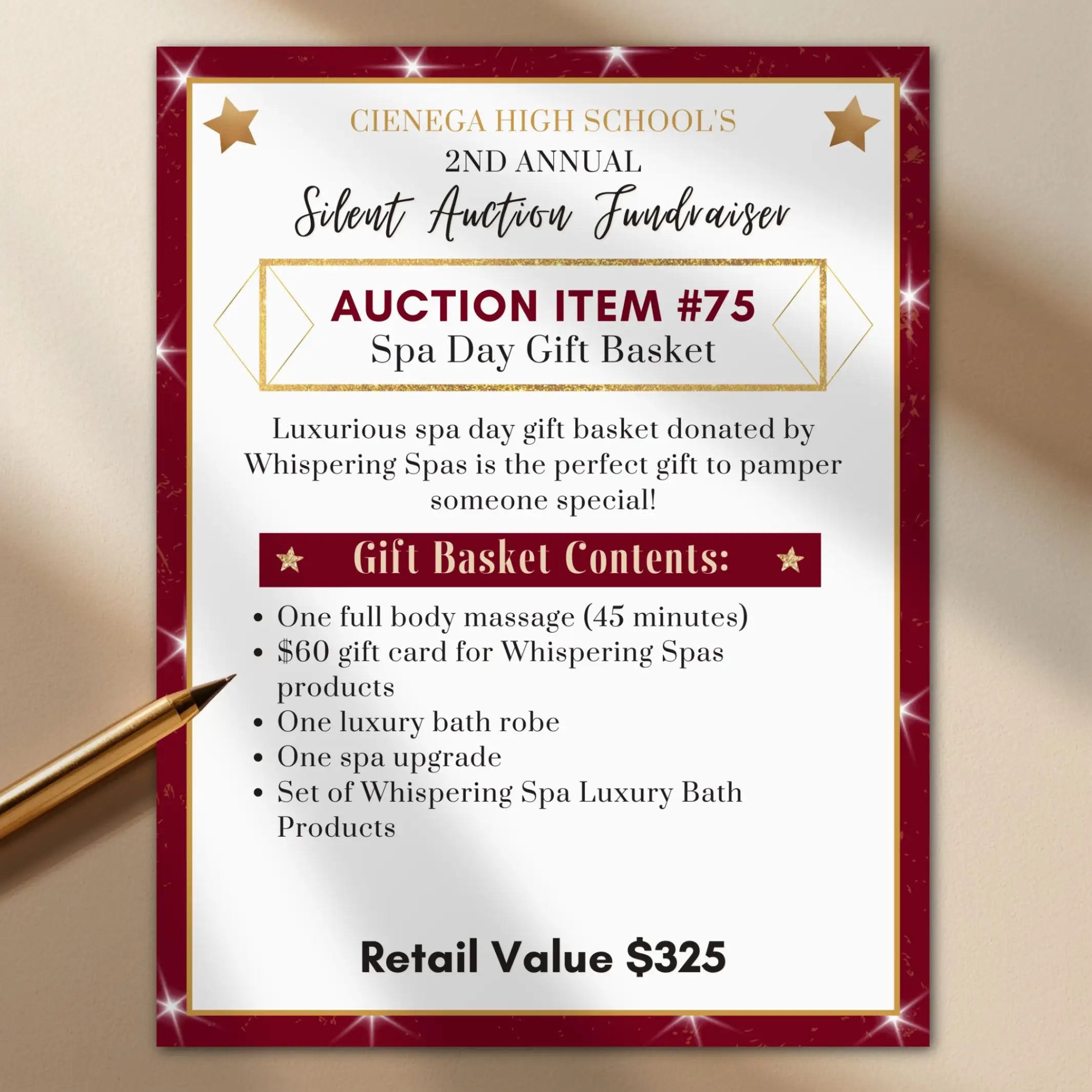 Silent auction fundraiser sign for a spa day gift basket with details and value in elegant red, gold and white.