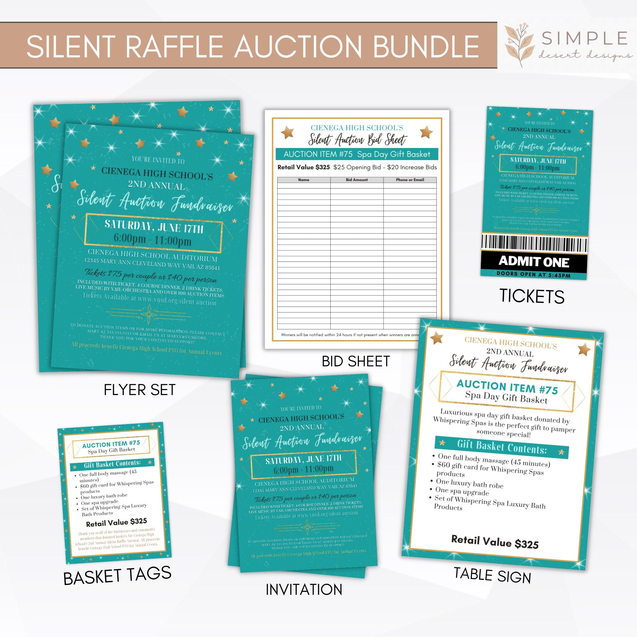 Silent raffle auction bundle with flyer set, bid sheet, basket tags, invitation, and table sign on a white background.