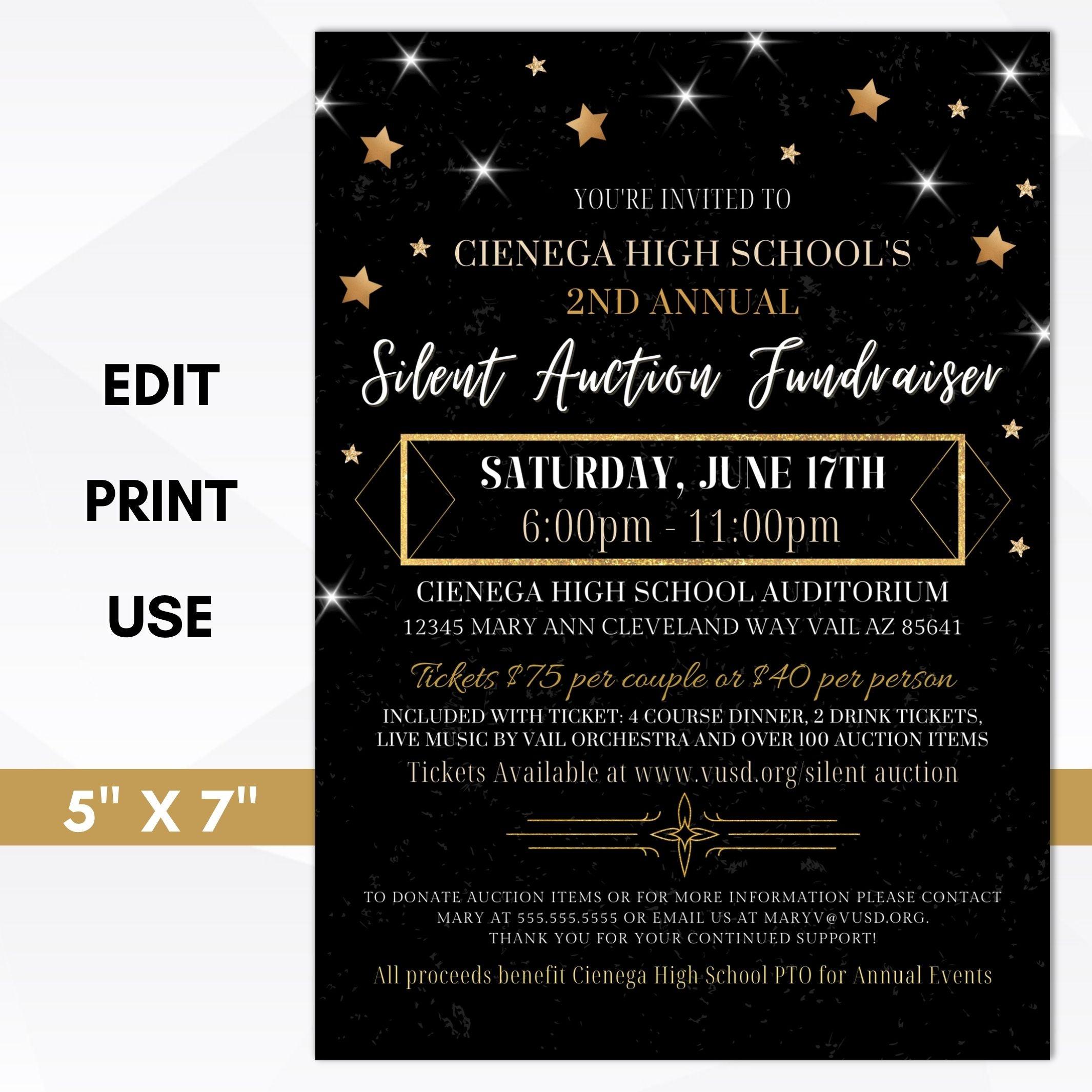 Black and gold silent auction fundraiser invitation