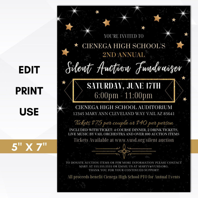 Black and gold silent auction fundraiser invitation