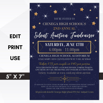 Navy blue silent auction fundraiser invitation