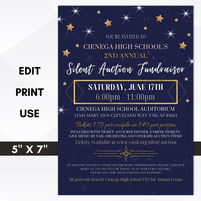 Navy blue silent auction fundraiser invitation