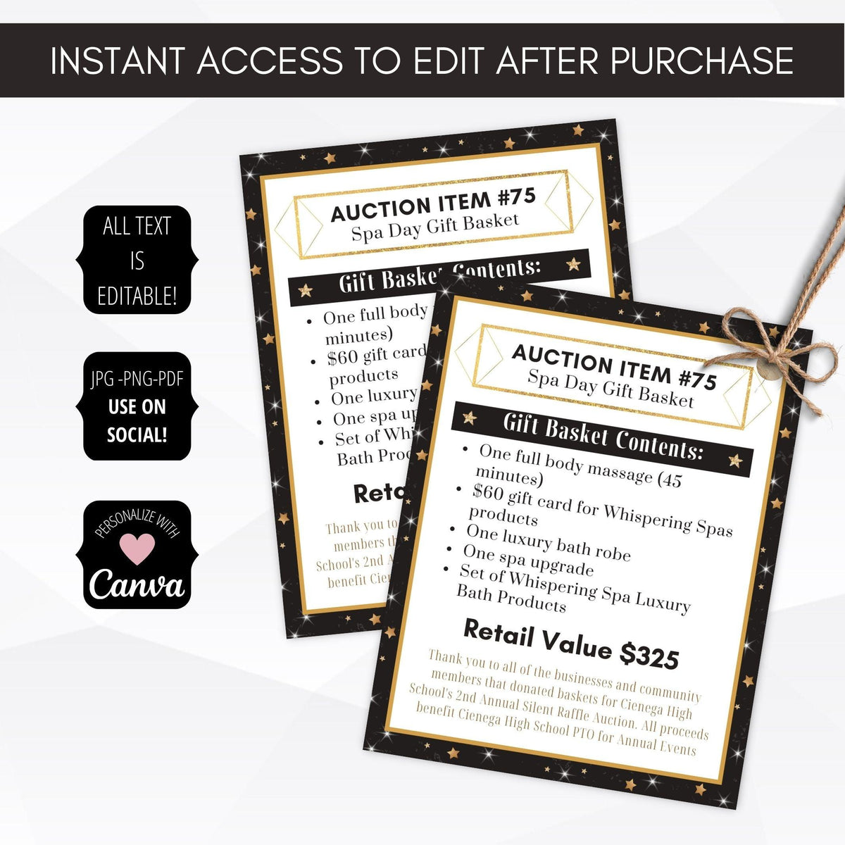 Black Silent Auction Tag Template - Simple Desert Designs
