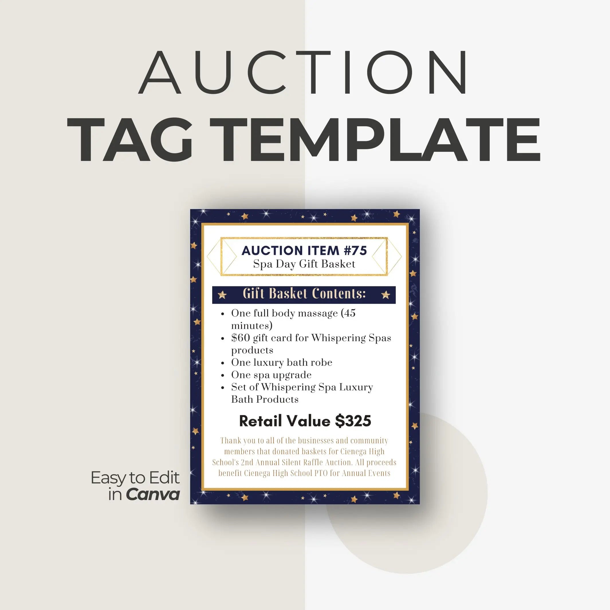 Elegant navy blue, white and gold auction tag template for a Spa Day Gift Basket on a light gray background editable tag template in Canva.