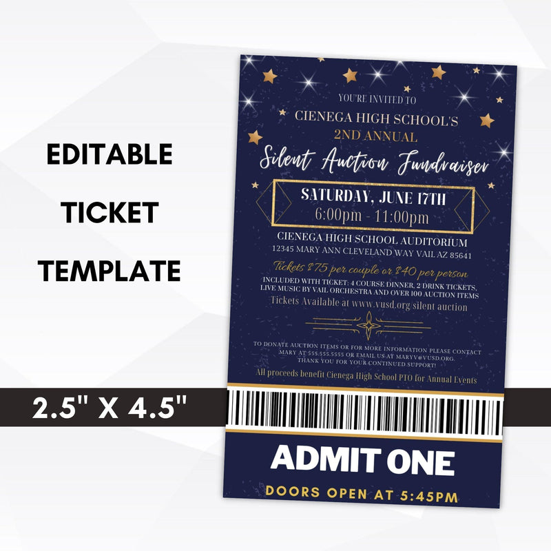 Navy blue silent auction fundraiser ticket template