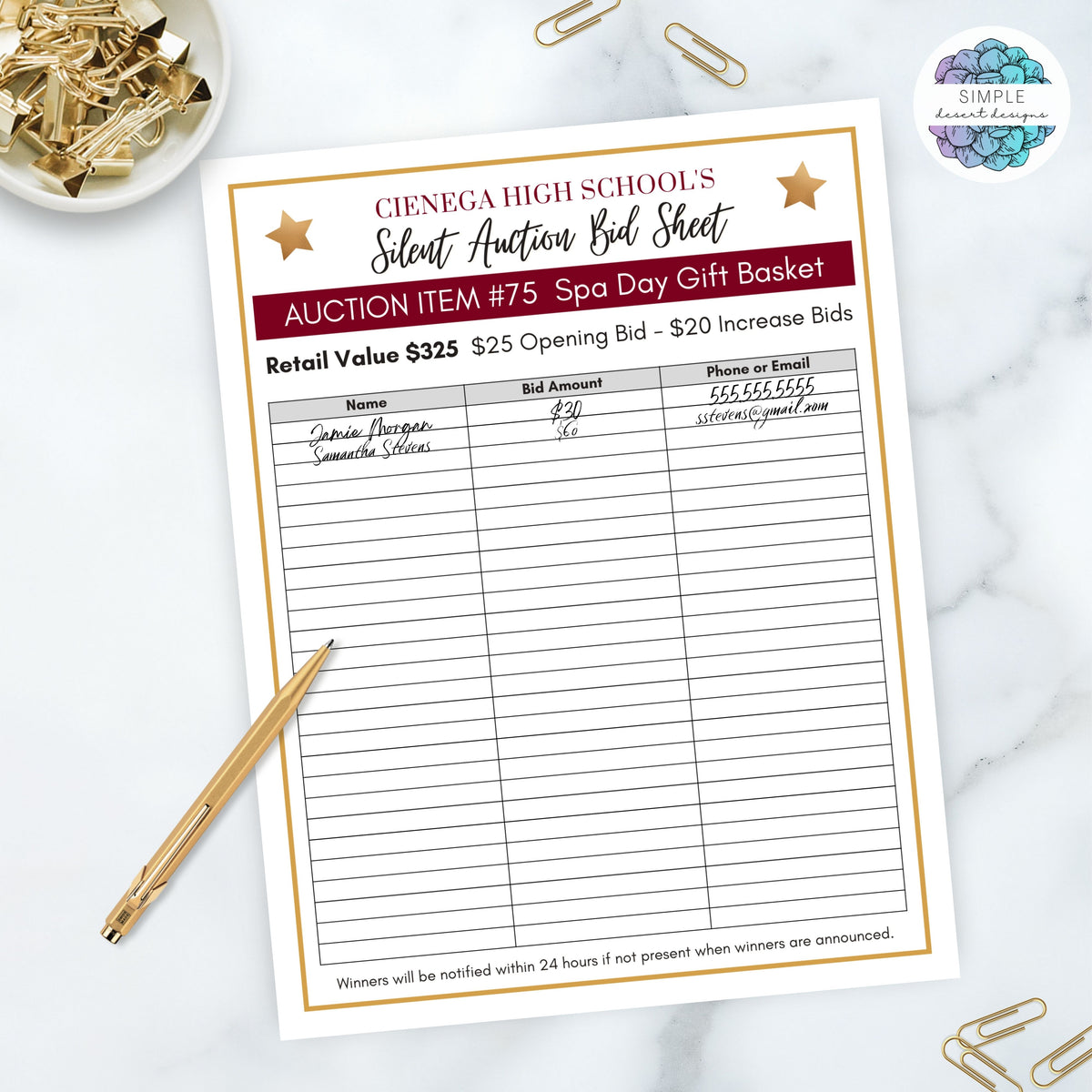 Editable Silent Auction Bid Sheet - Simple Desert Designs