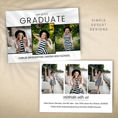simple elegant modern graduation announcement with 6 photos, simple typography and modern script