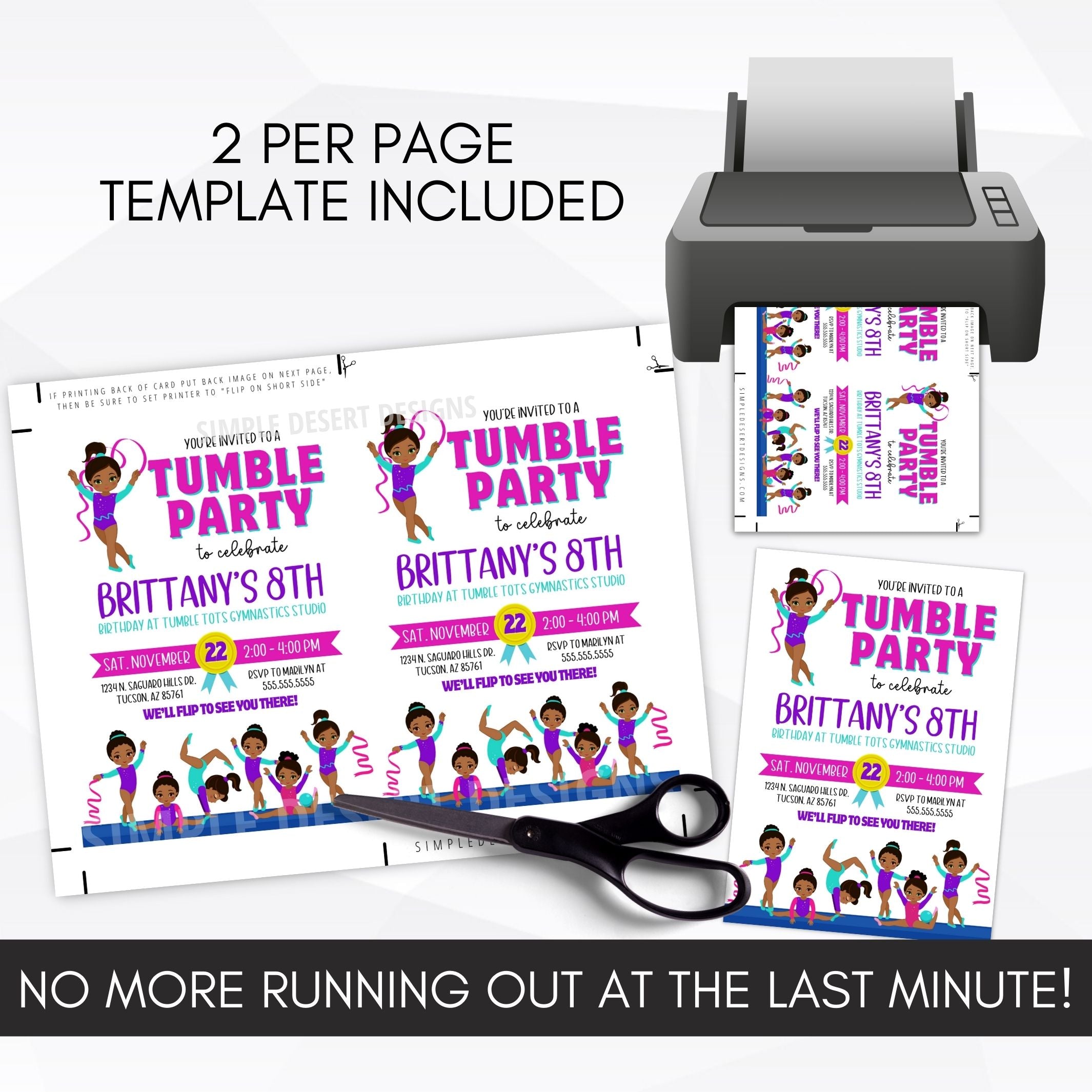 fun colorful gymnastics birthday party invitation