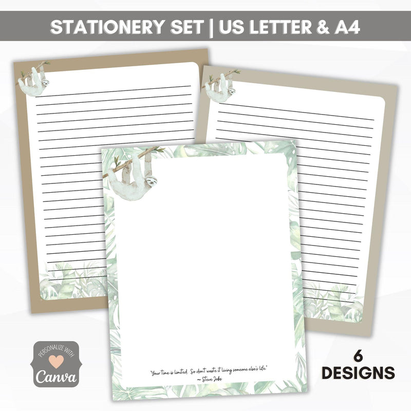 sloth stationery journal paper lined and unlined