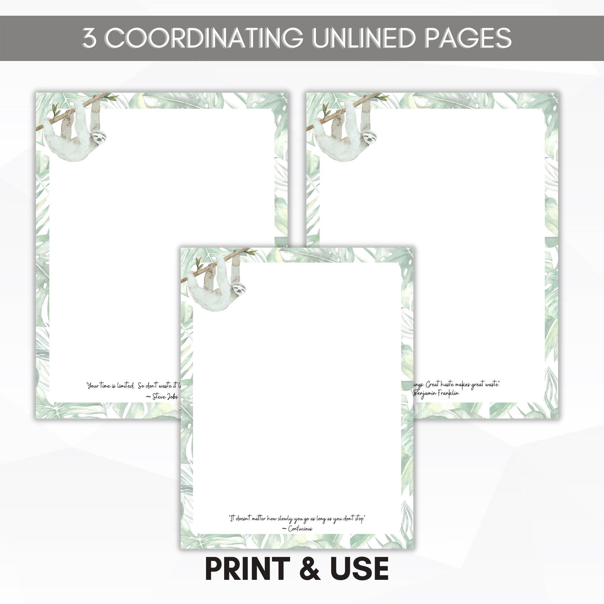 unlined sloth journal paper