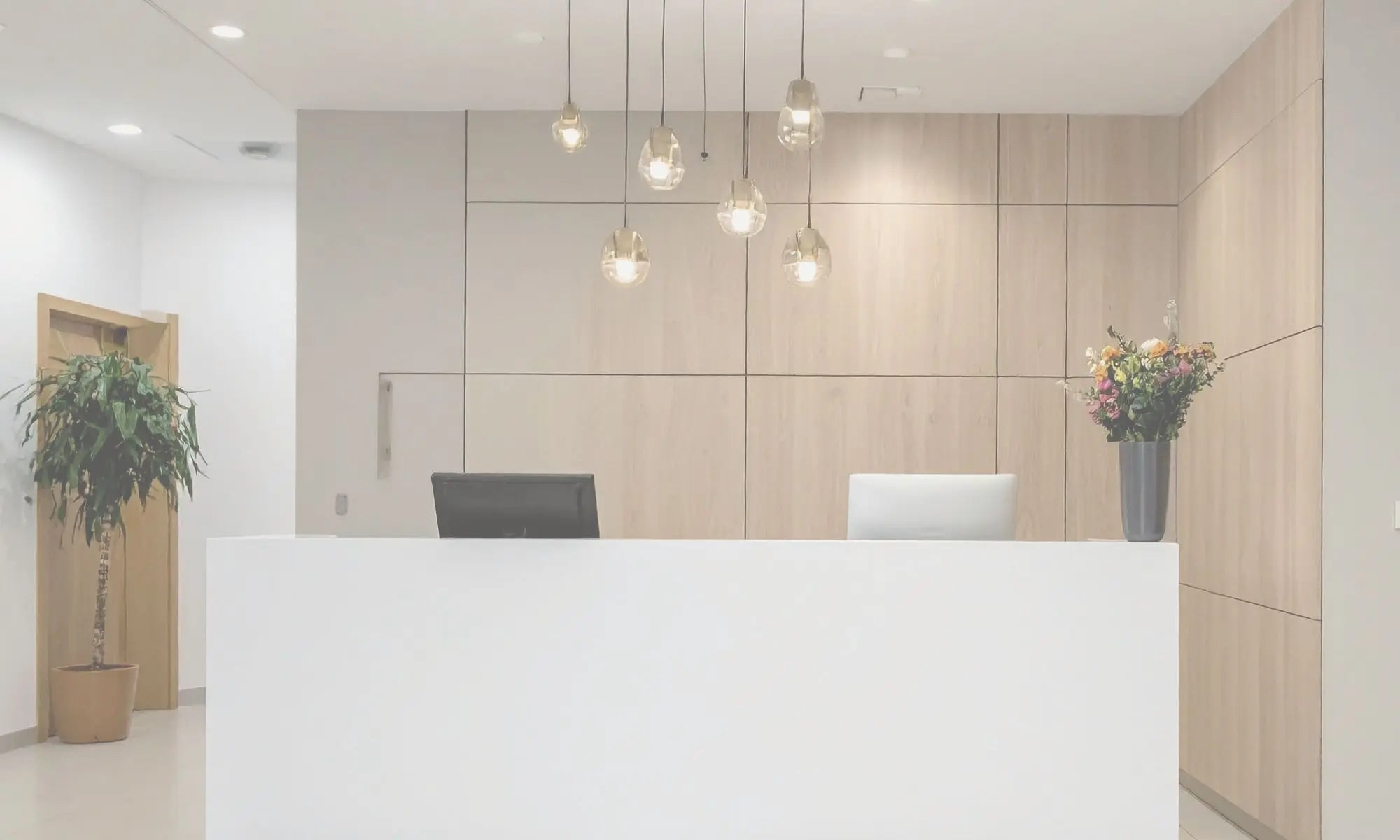 Professional office space with reception desk, soft modern lighting and plants representing editable templates for small businesses, short term rental hosts, and real estate agents.
