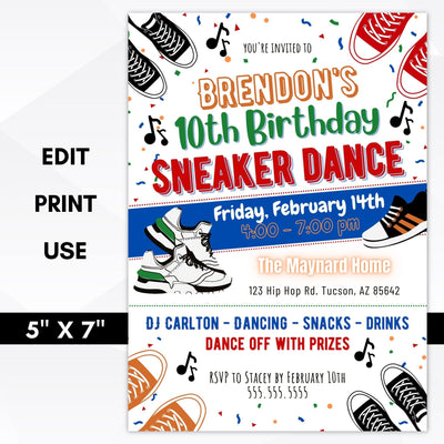 boys sneaker dance birthday party invitation